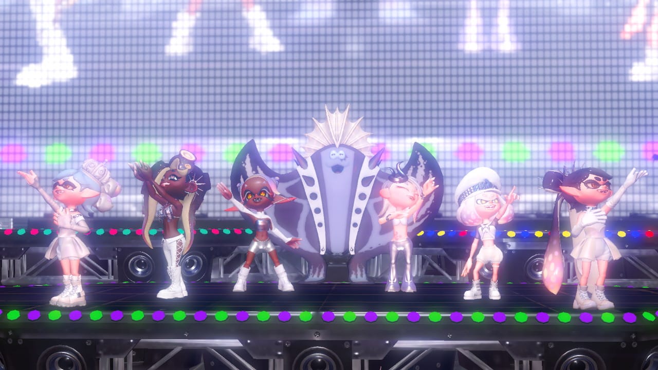 Squid Sisters, Deep Cut, and Off The Hook on stage in Splatoon 3