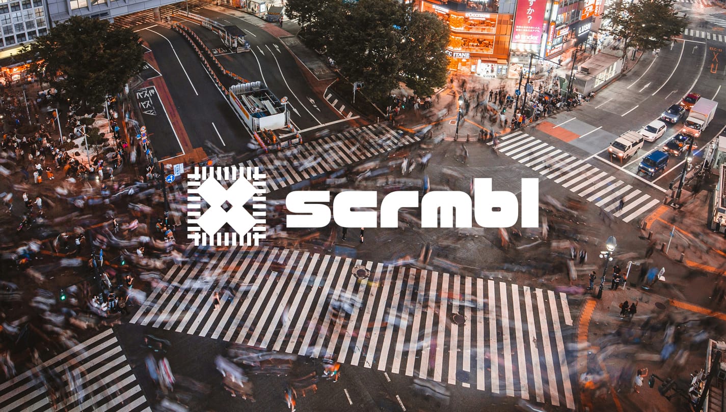 scrmbl logo over Shibuya Crossing photo taken by Denys Nevozhai