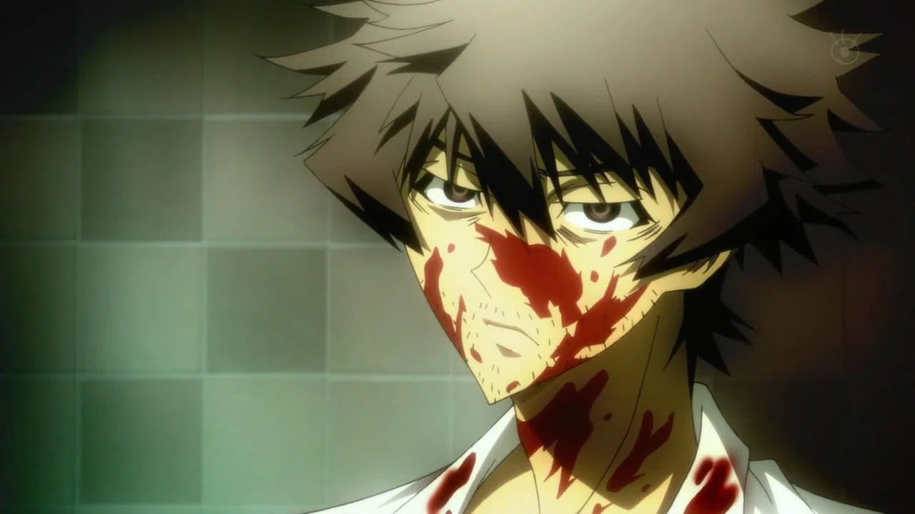 Shiki's Dr. Ozaki with blood splatters on his face.