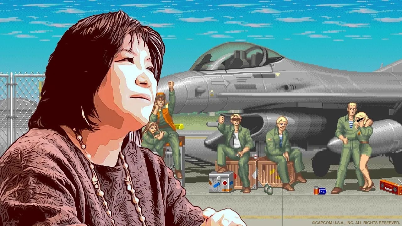 Yoko Shimomura superimposed over Guile's stage from Street Fighter II