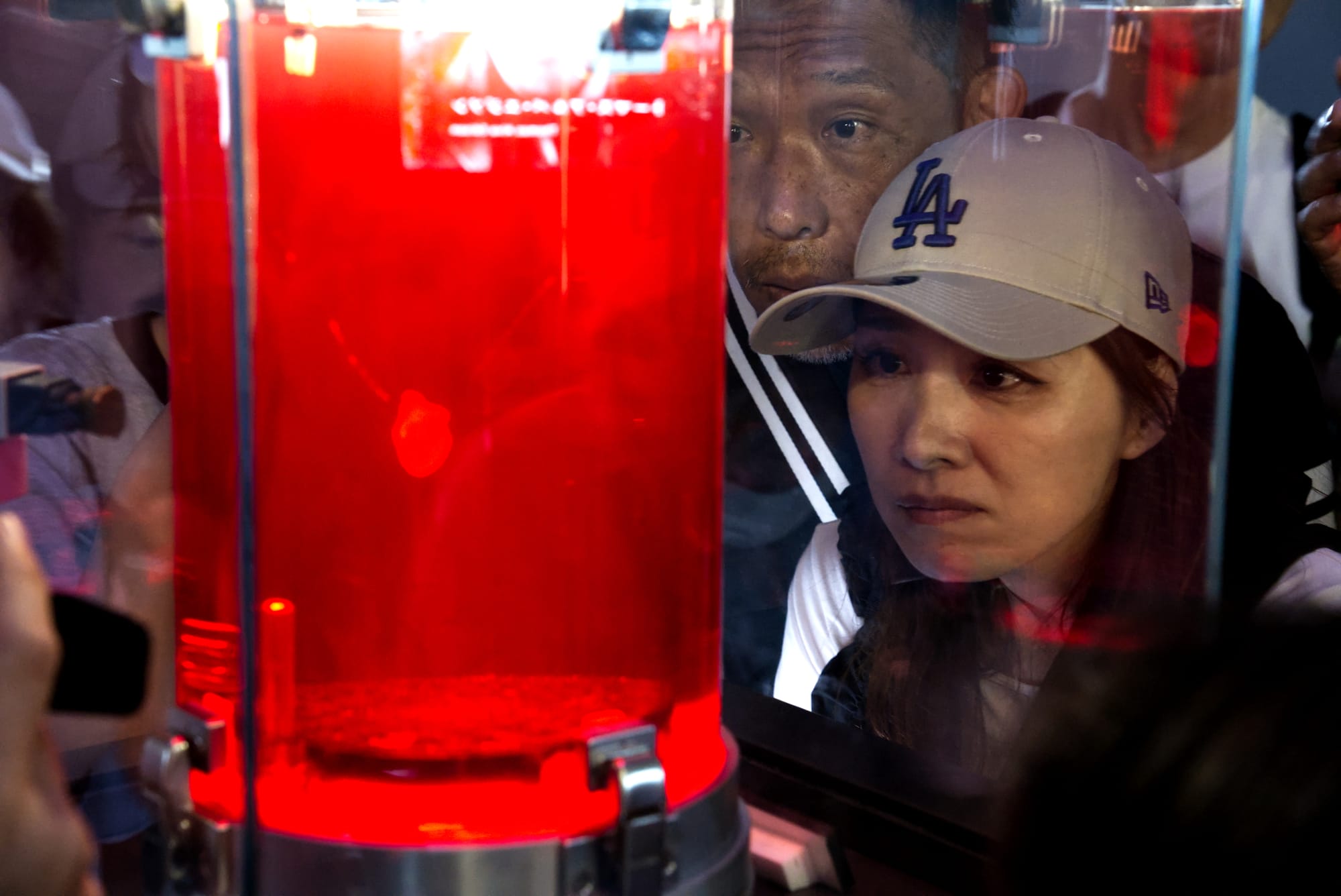 Onlookers examine the iPSC heart at Pasona Natureverse pavilion