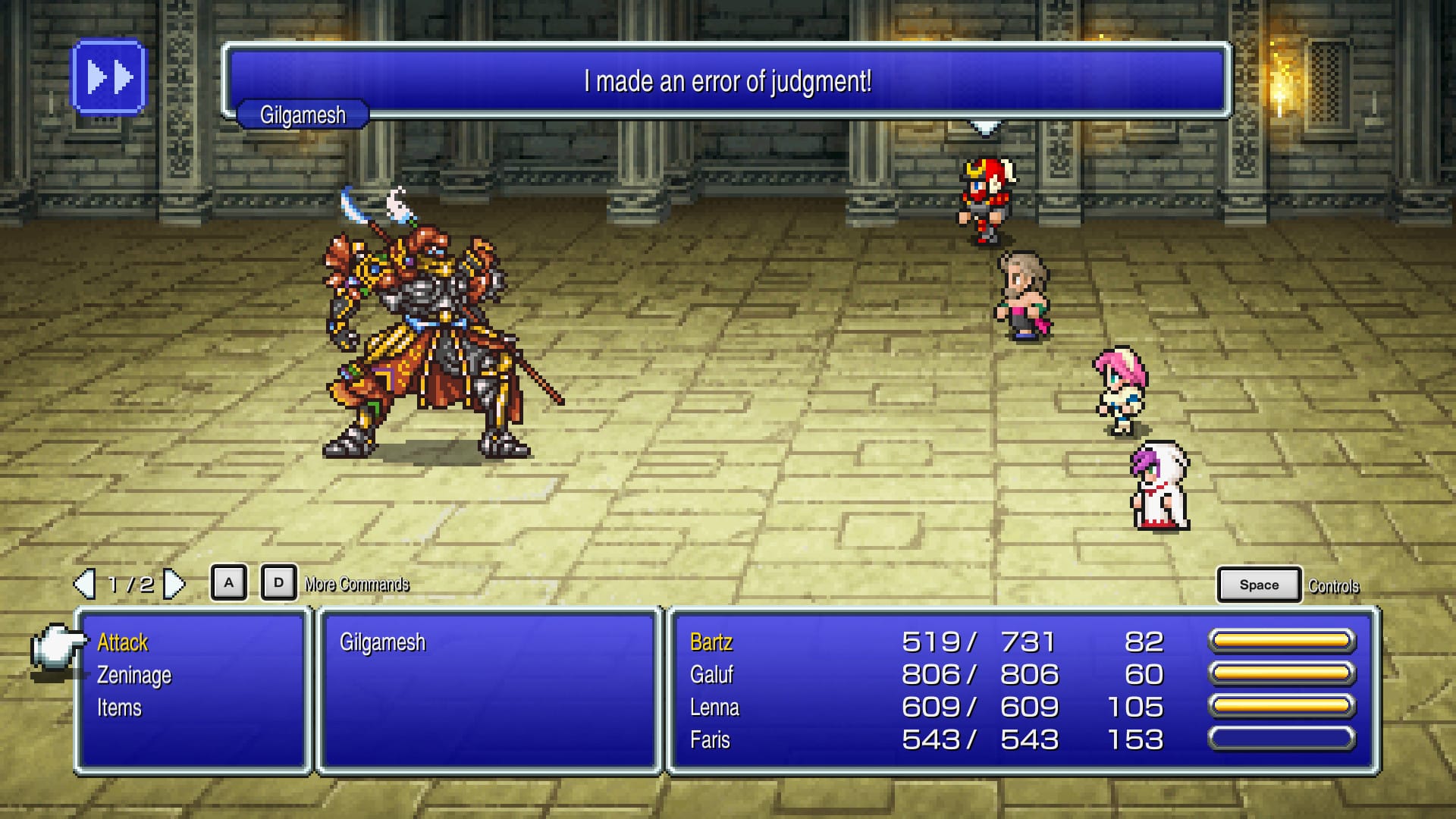 Final Fantasy V Pixel Remaster battle with Gilgamesh