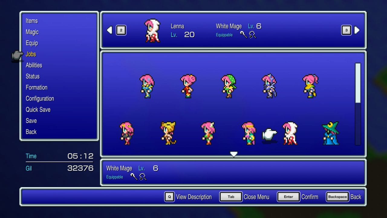 Final Fantasy V Pixel Remaster job selection screen