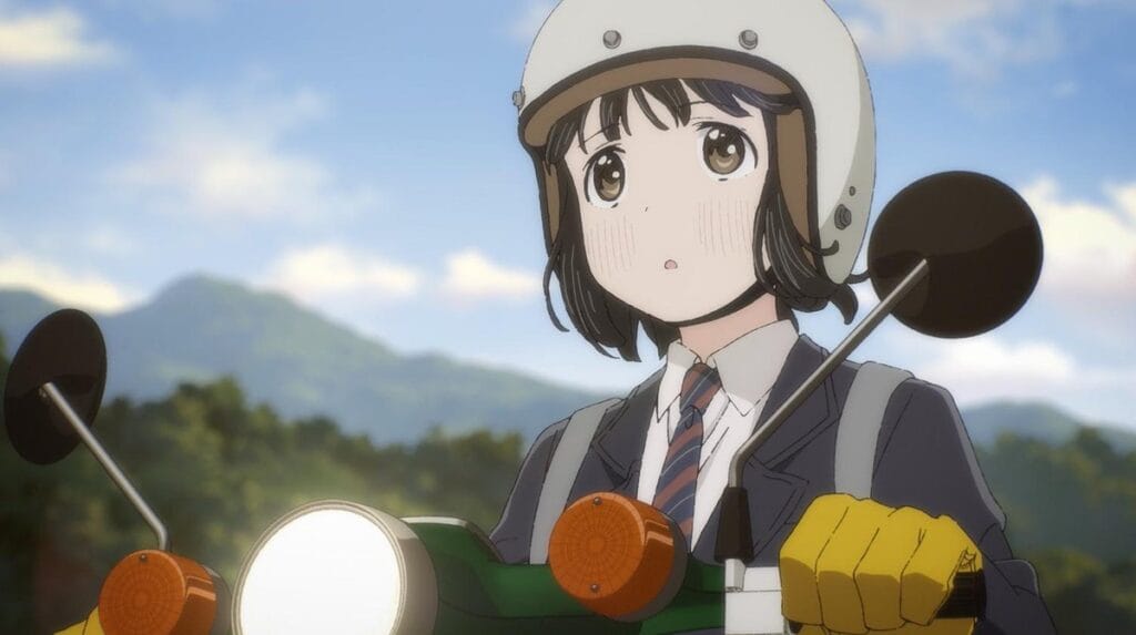 Super Cub lead character Koguma on her motorbike