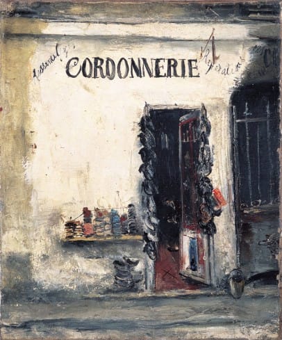 A landscape painting of a shoe making shop in 1920's Paris
