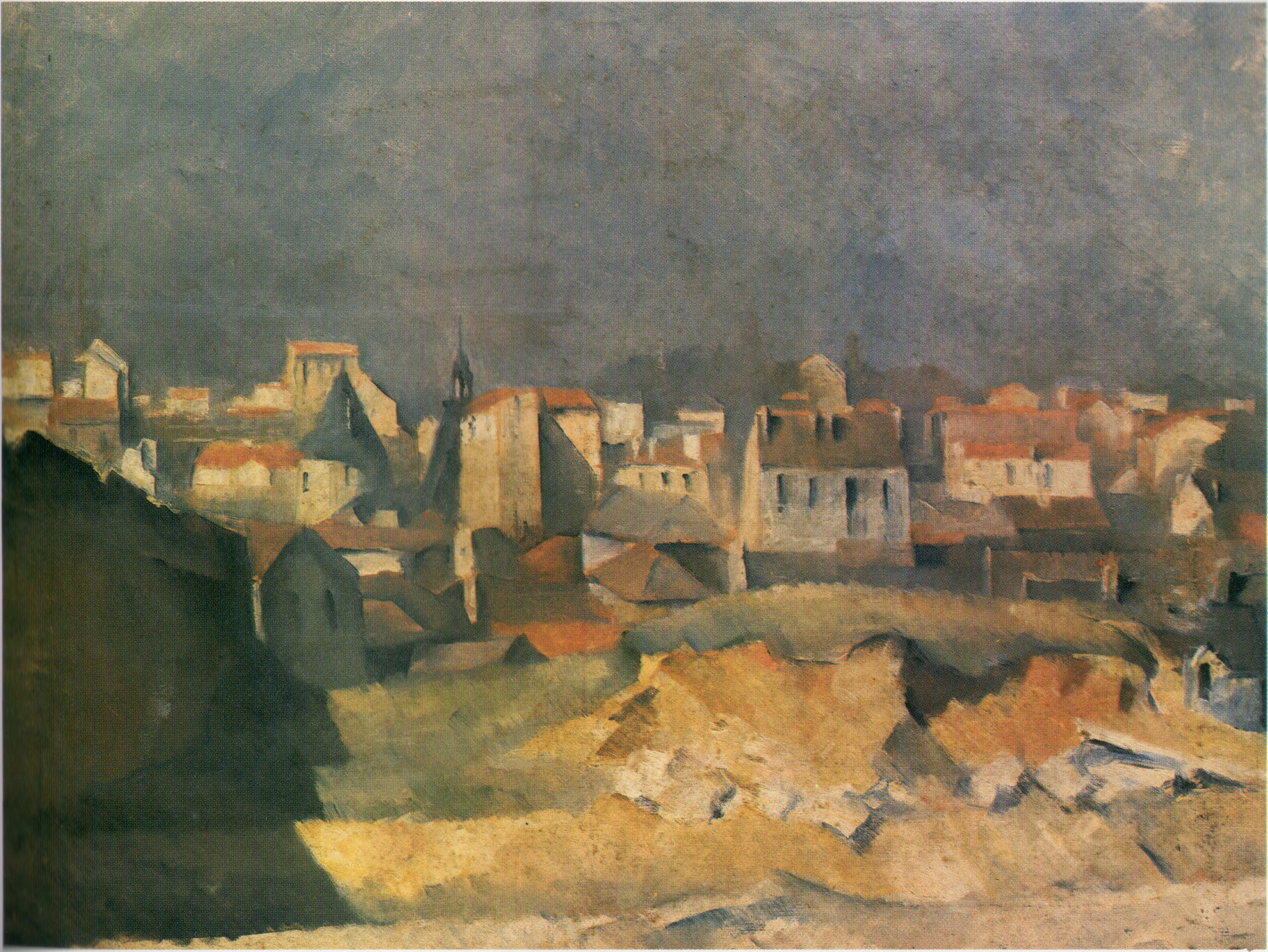 a painting of the Paris lanscape in earthy tones in the impressionist style