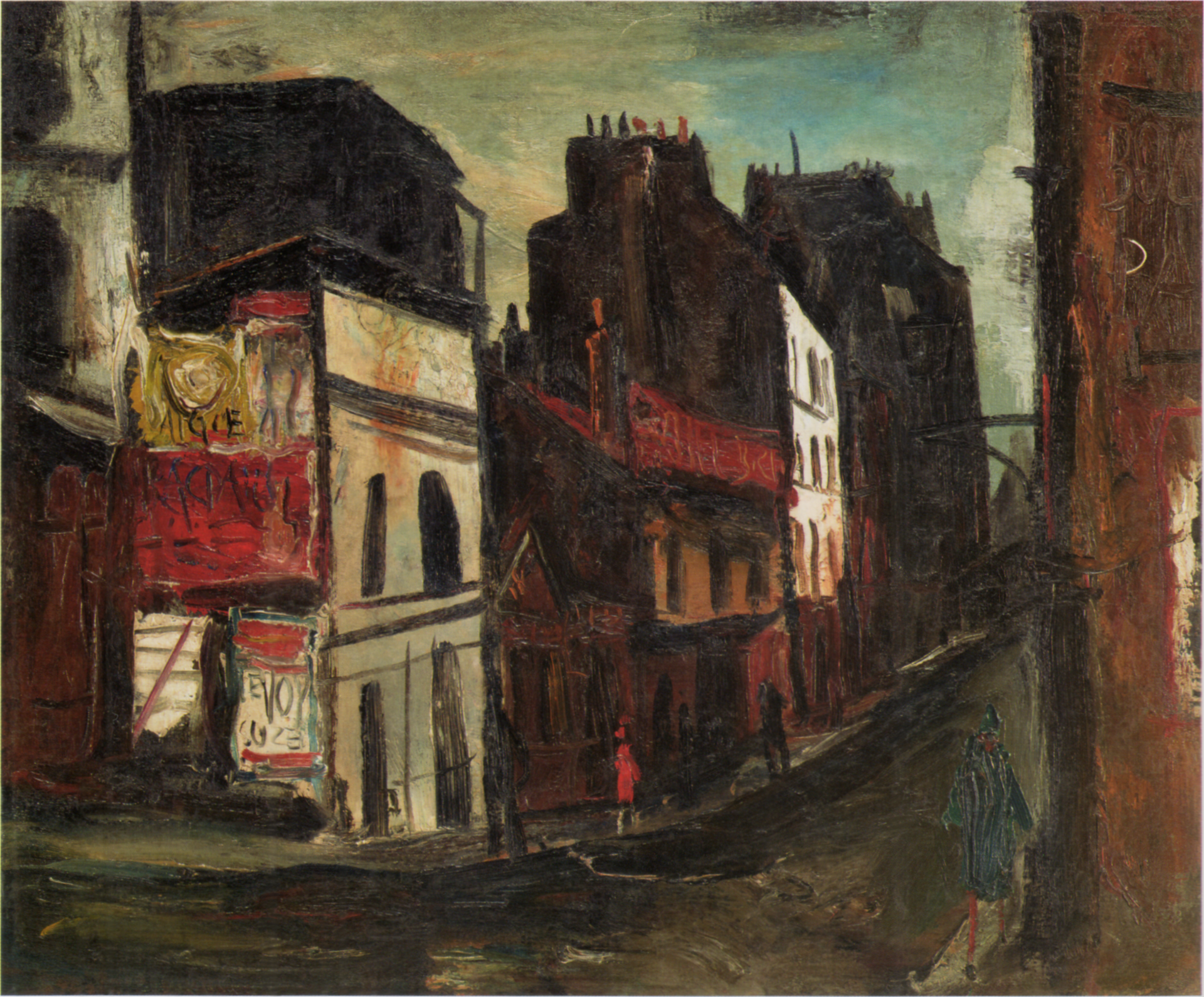 A painitng of an urban street in Paris with thick line work and heavy use of bold color