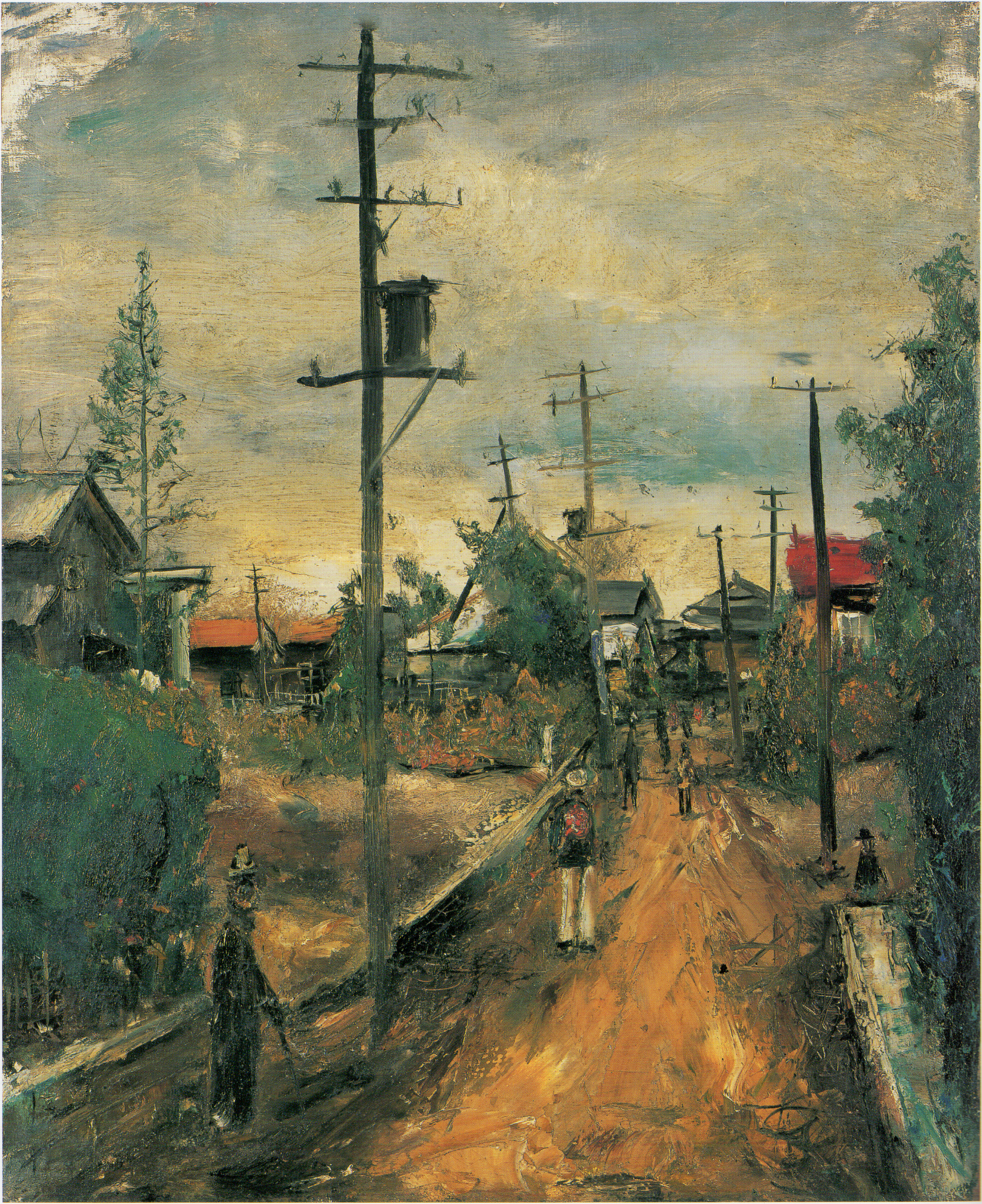 a painting of the Shimo-Ochai area of Tokyo circa 1926, featuring unpaved roads, houses and electric poles 