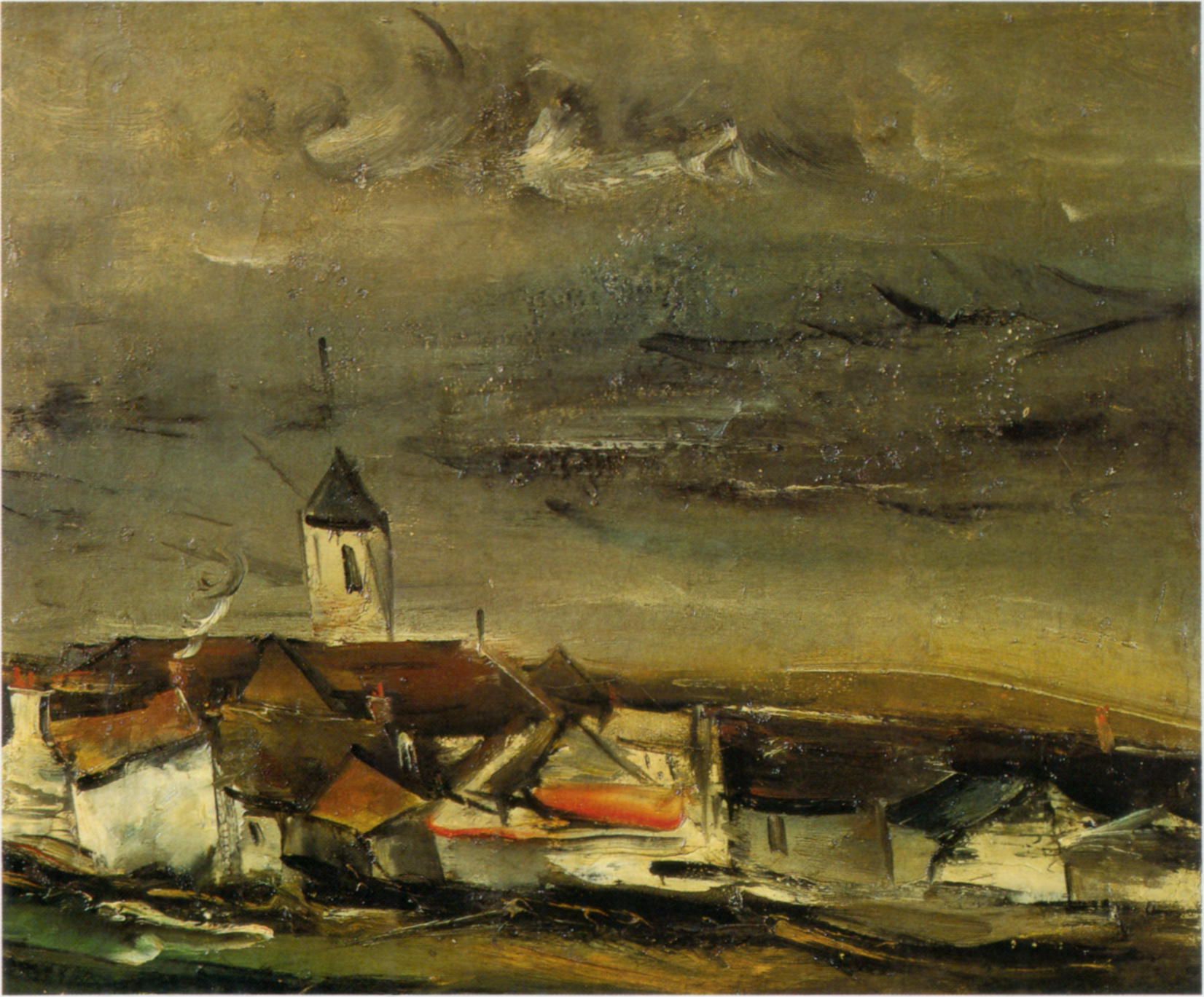a piniting of a Parisian village in dark tones with thick brush work