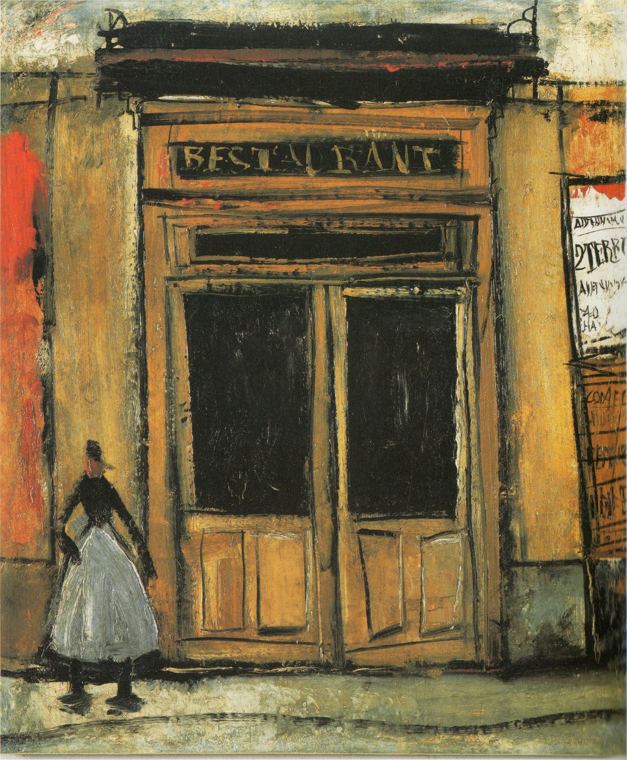A painting of a bright yellow door with blacked out windows and a shadowy figure next to it 