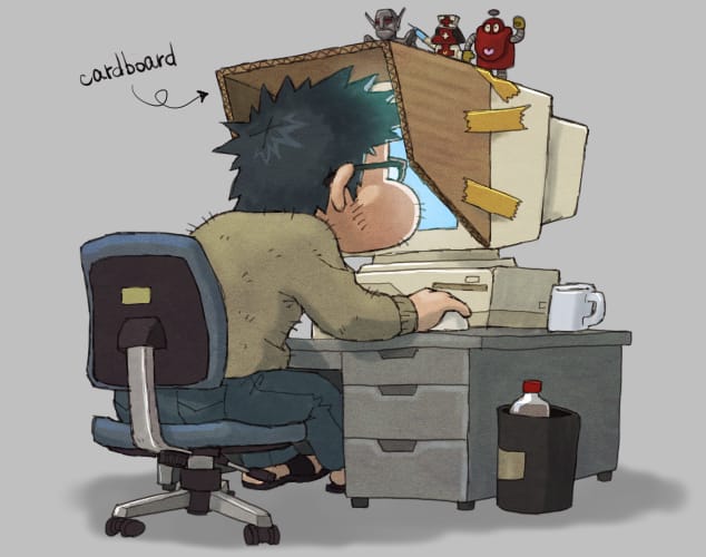 Self-portrait of Akio Oyabu working on R-Type graphics