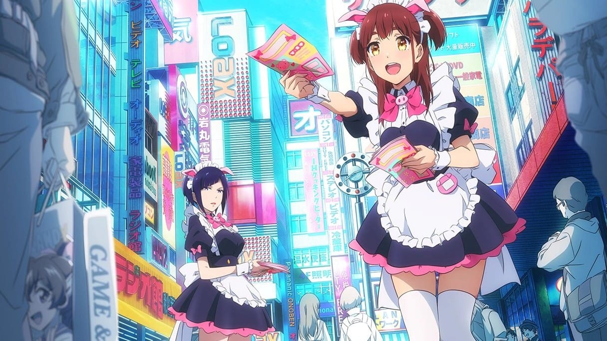 Akiba Maid War teaser visual 16x9 cropped with Ranko (left) and Nagomi (right)
