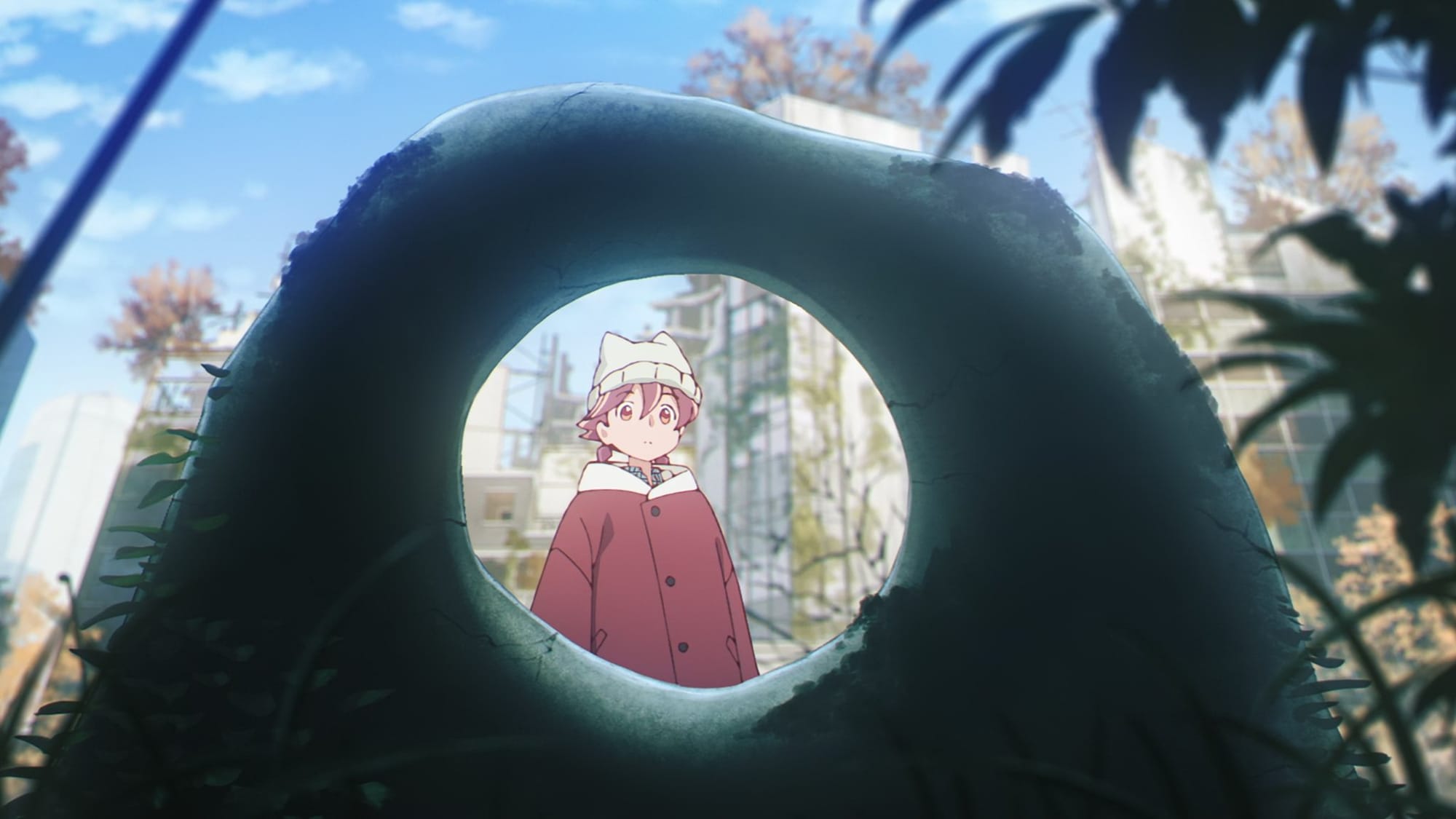 Yachiyo looks through a structure with a hole in the middle.