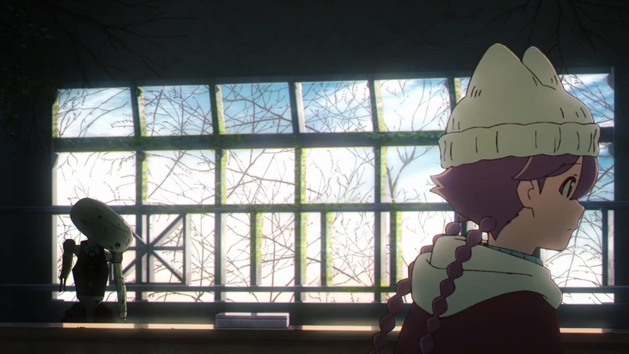 Yachiyo walks through an empty hallway against the backdrop of a mirror.