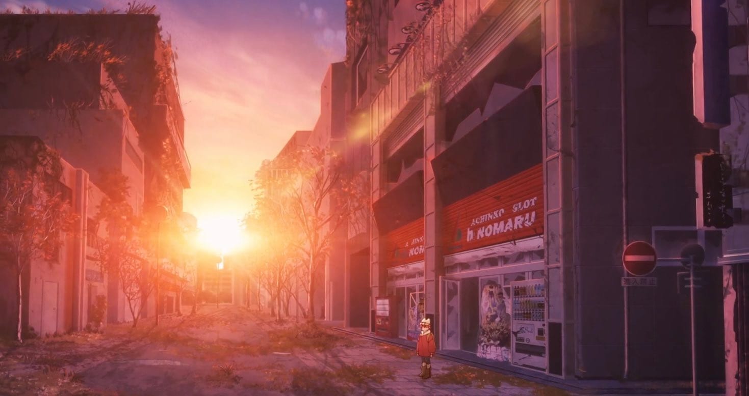 Yachiyo explores empty buildings on a ruined street as the sun sets.