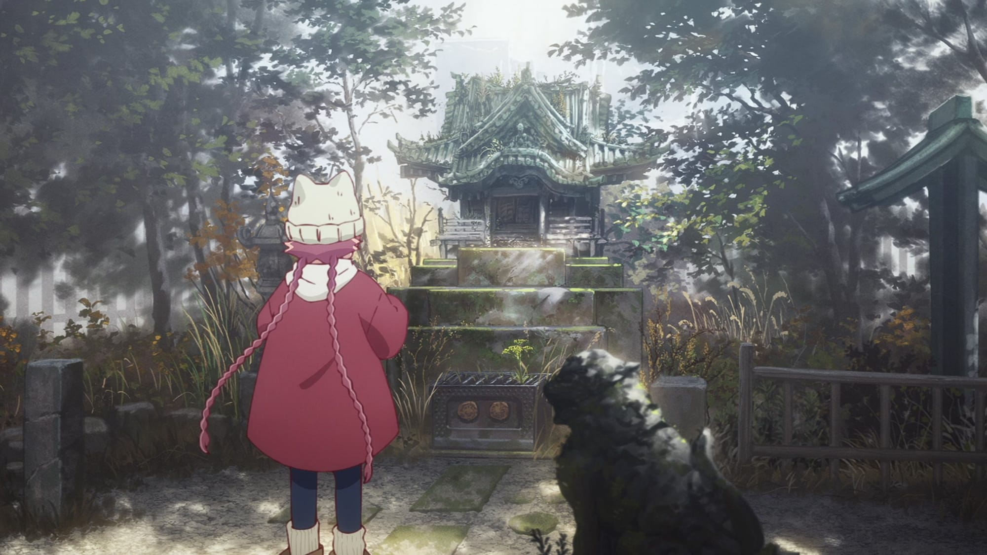 Yachiyo visits a shrine and prepares to pay her respects.