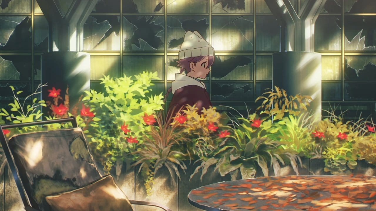 Yachiyo passes by some overgrown shrubs and rusted tables.