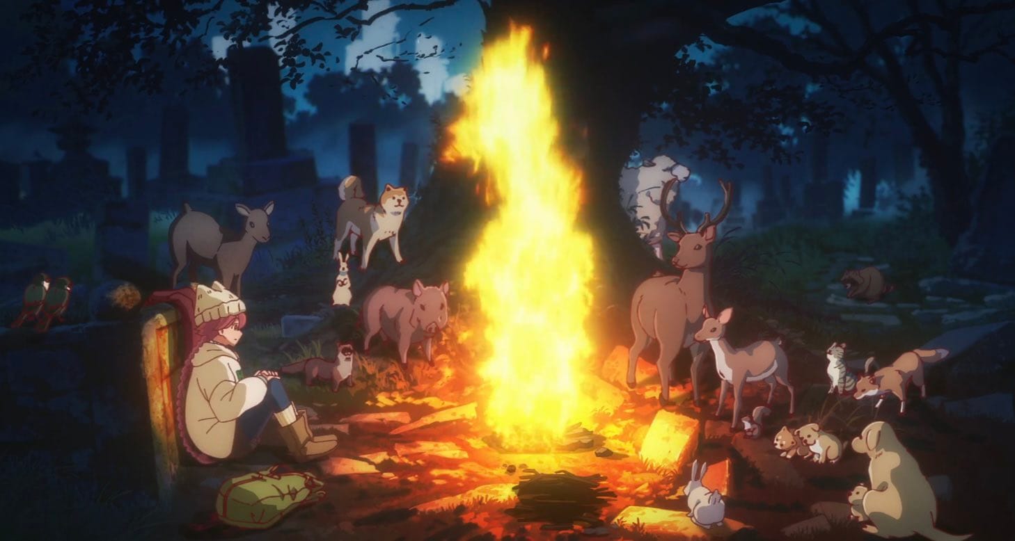 Yachiyo sits at a campfire in the middle of the night surrounded by wild animals.