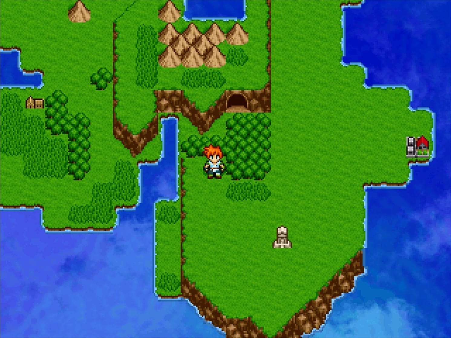 Alt text: A man with orange hair walks across a world map suspended in water. Around him can be seen a small house, a crypt and a town.