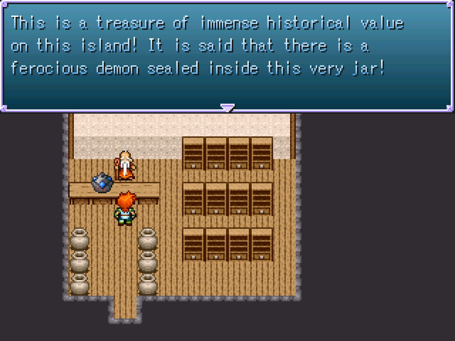 A man with orange hair speaks to a shopkeeper in a house full of jars and shelves. The shopkeeper says, regarding a blue-and-grey ball on a nearby table, “This is a treasure of immense historical value on this island! It is said that there is a ferocious demon sealed inside this very jar!”