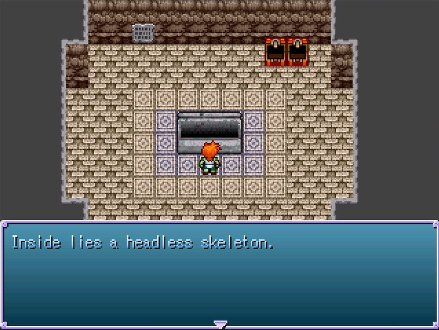 A man with orange hair looks inside a tomb in a locked chamber. A message reads, “Inside lies a headless skeleton.” Open red treasure chests can be seen in the upper right corner. A sign can be seen on the left.