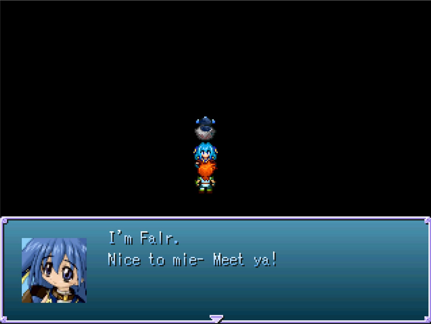 A woman with blue hair stands in front of an open ball. She says to an orange-haired man, “I’m Falr. Nice to mie- Meet ya!”