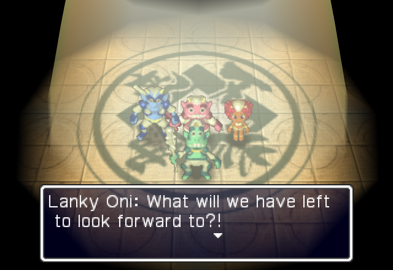 Multi-colored oni, including the oni girl Kirara, stand under a spotlight.A Lanky Oni says, "What will we have left to look forward to?!"