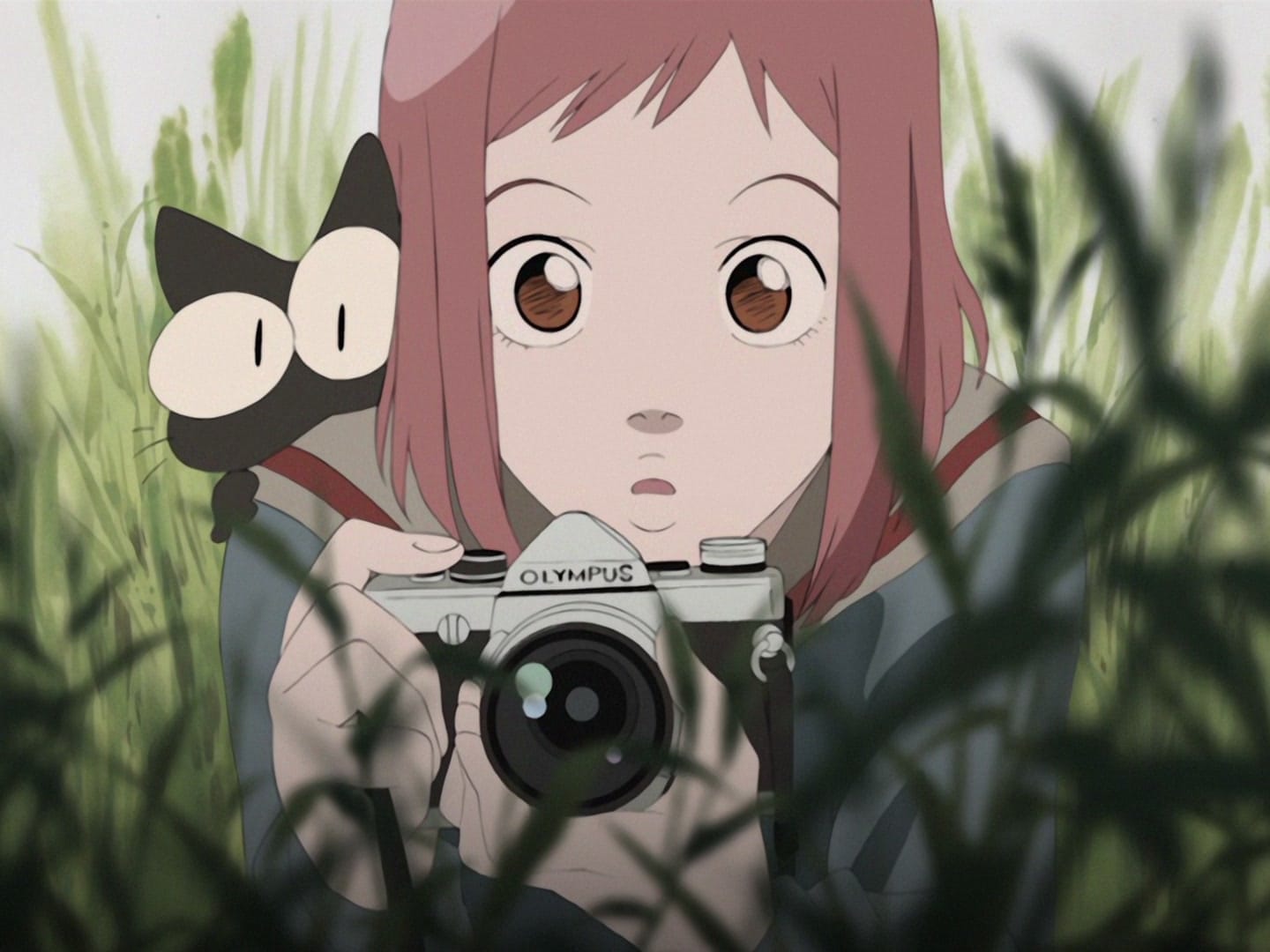 Ninamori, a girl holding an Olympus camera, lies in the tall grass. A small black cat sits on her shoulder.
