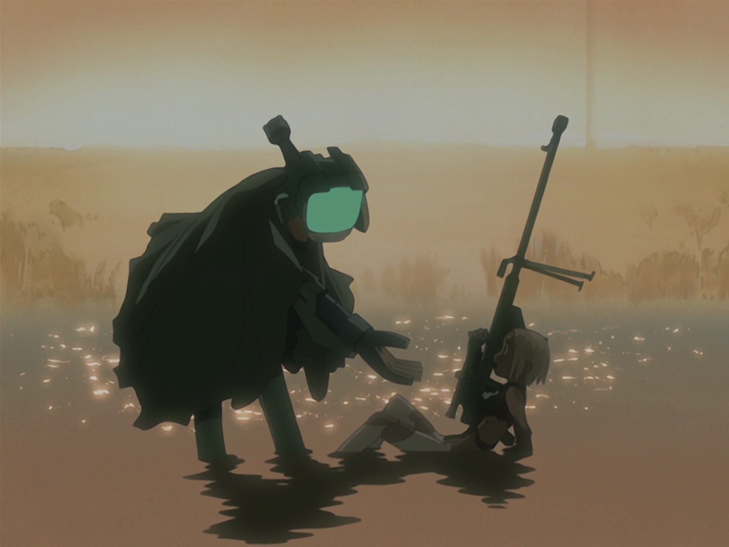 Canti, a robot with a TV for a head, holds out a hand to Kitsurubami, a woman holding a large sniper rifle. She is lying in sparkling water.
