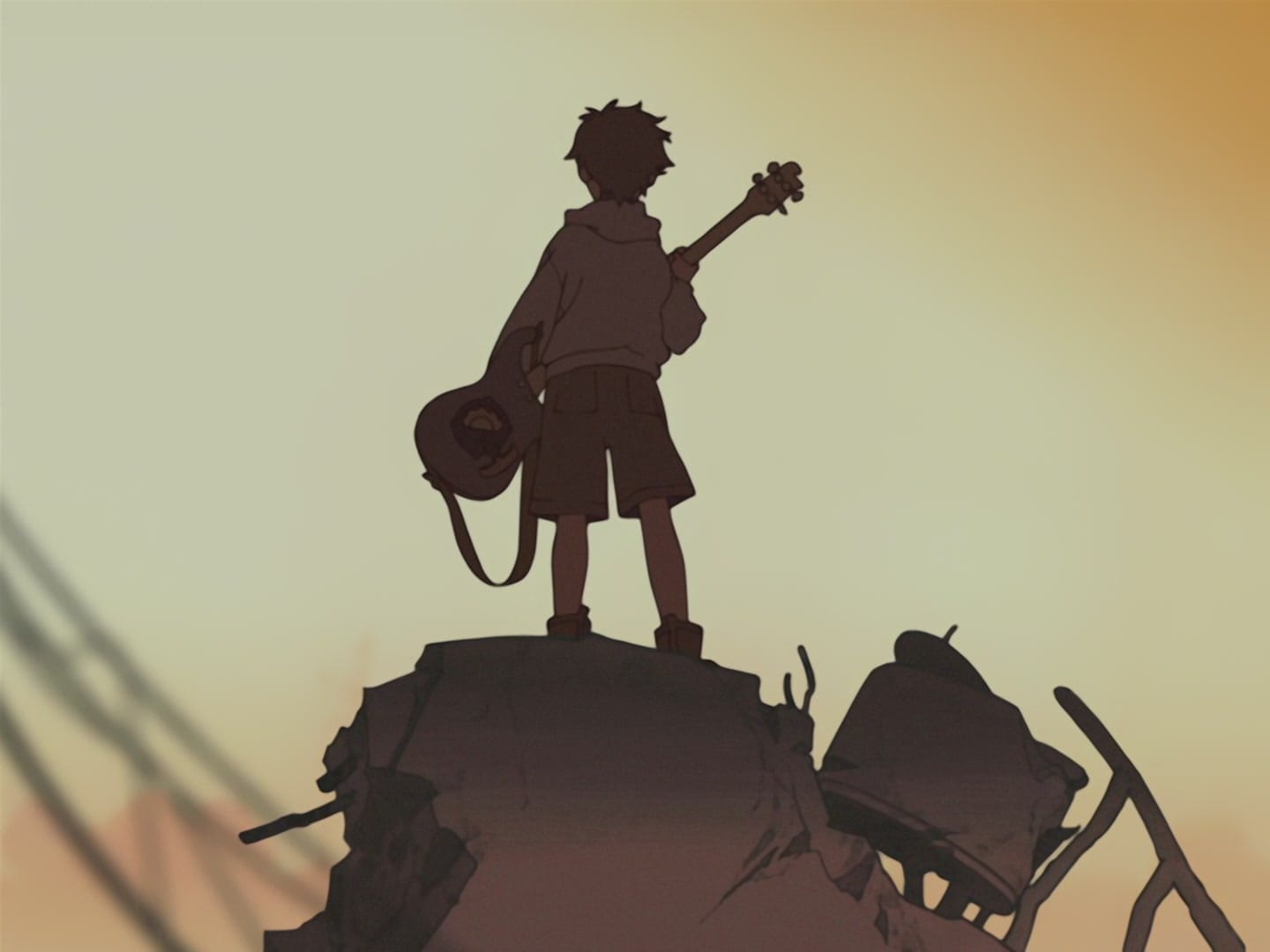 Naota stands on a ruined building, holding a base guitar.
