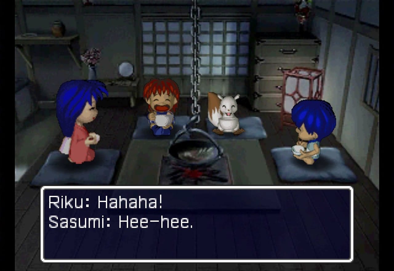 Shiren, Koppa, Riku and Sasumi sit around a pot in Sasumi's cottage. Riku says, "Hahaha!" Sasumi says, "Hee-hee."