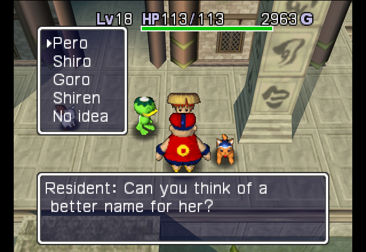 A large shopkeeper says to Shiren, "Can you think of a better name for her?" referring to his dog. The options are Pero, Shiro, Goro, Shiren or No idea. A green kappa stands next to Shiren.