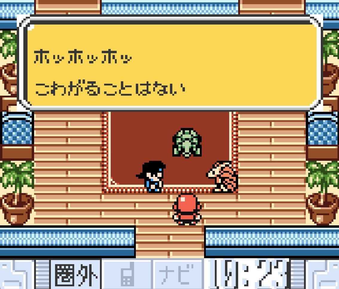 A boy wearing a baseball helmet, his friend, a turtle Denjuu and an armadillo Denjuu confer in a house full of potted plants and beds.