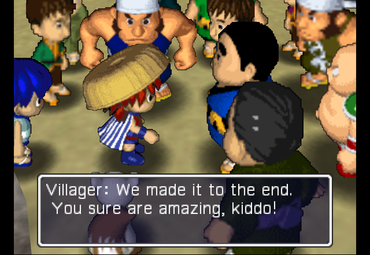 Village residents stand around Shiren. A man says to him, "We made it to the end. You sure are amazing, kiddo!"