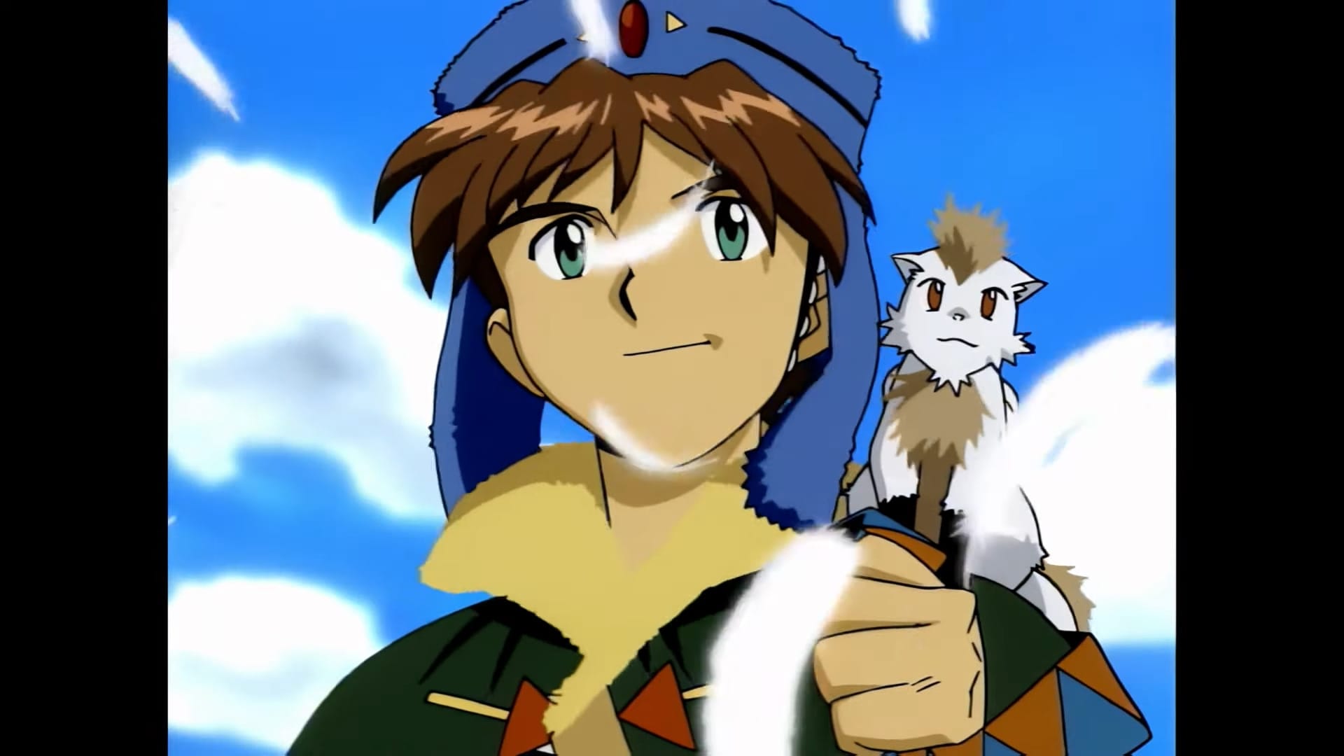 Alex, a boy wearing furs and a blue hat, stands with blue sky and clouds in the background. His winged furry friend Nall sits on his shoulder.