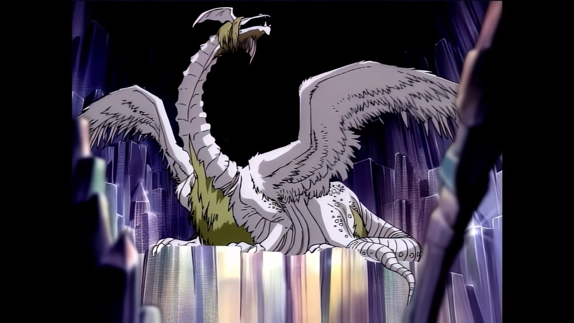 The enormous, old White Dragon spreads its wings in an ice cave.