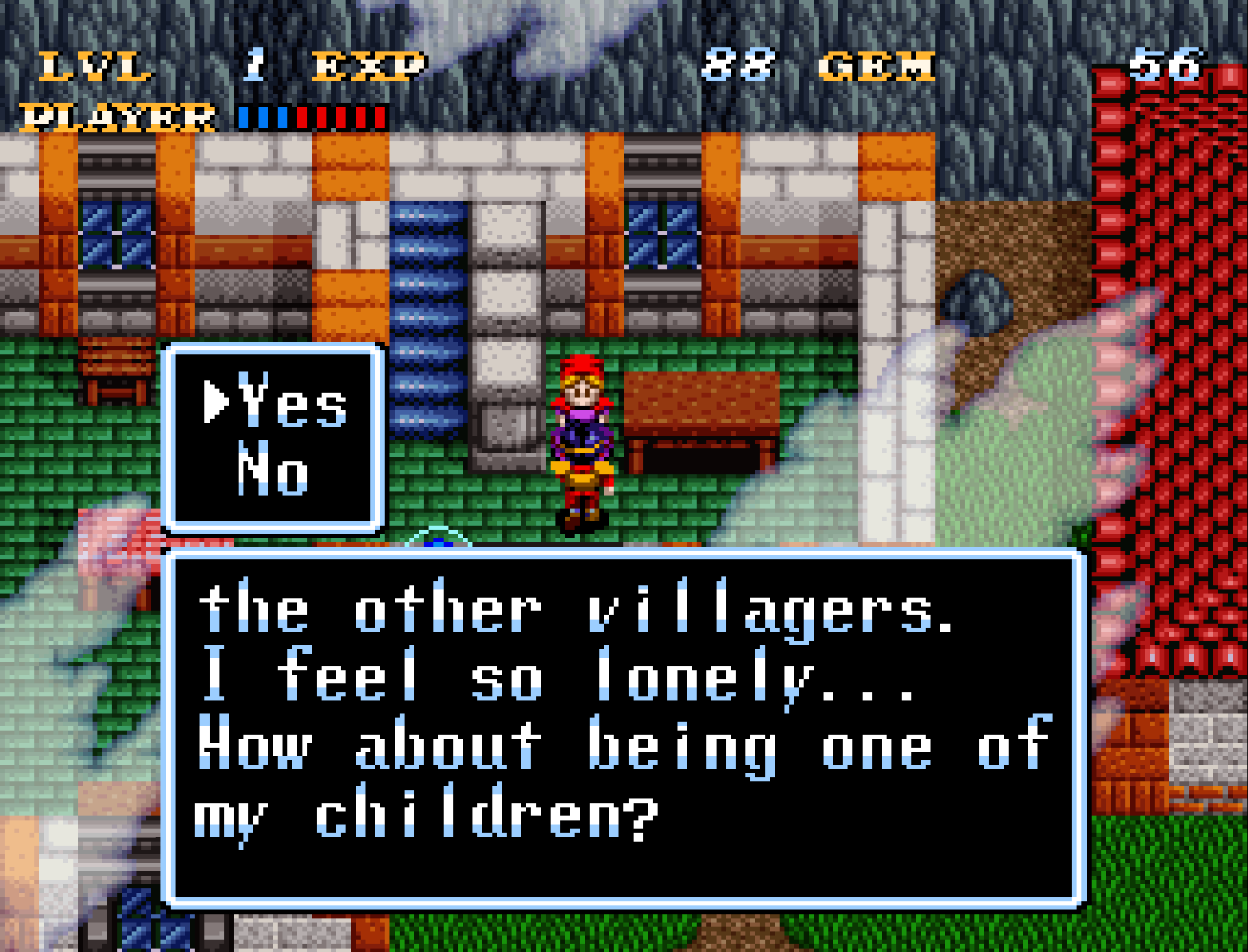 The player character speaks to a villager in a house. She says, “I feel so lonely…How about being one of my children?”