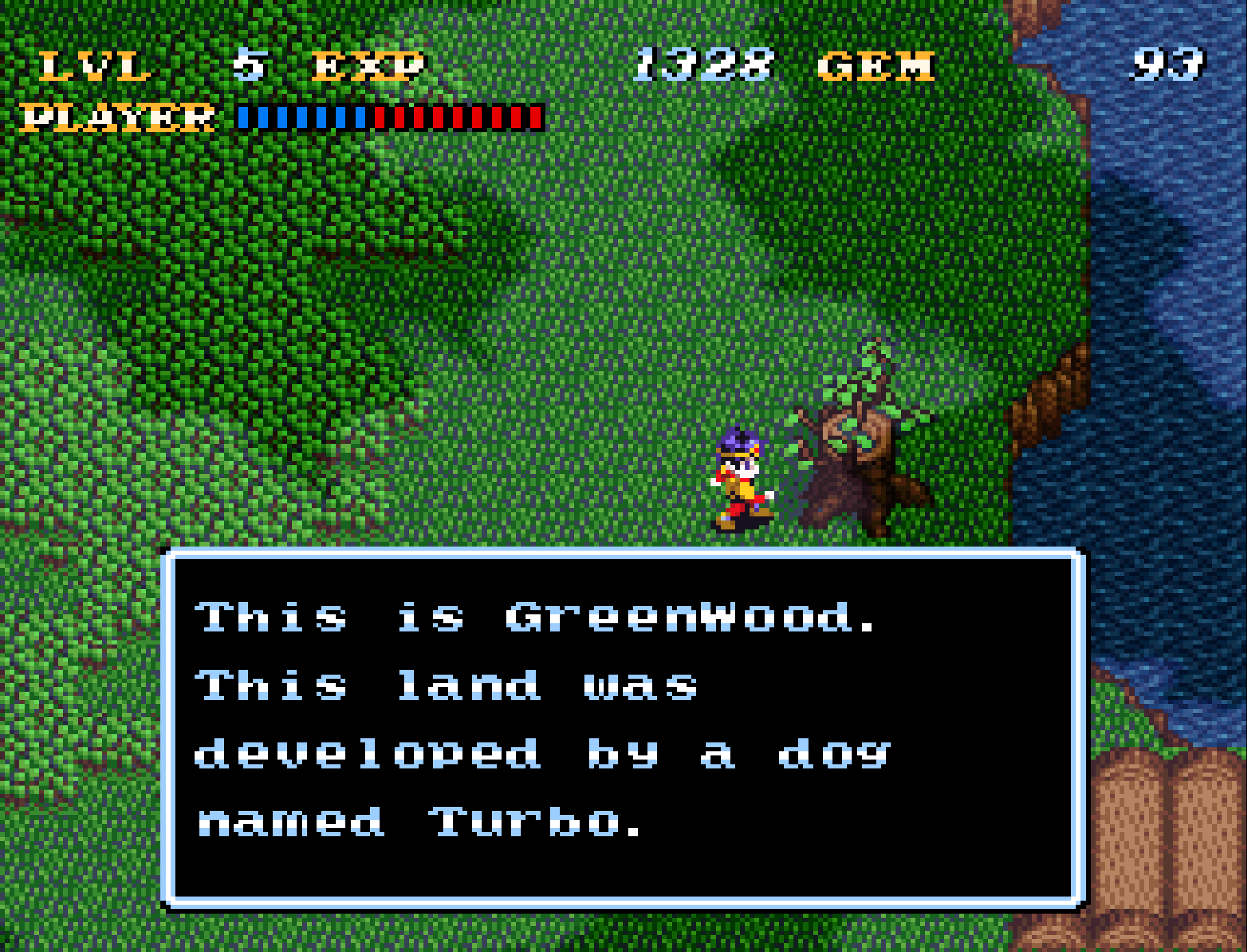 A player speaks with a stump, who says, “This is GreenWood. This land was developed by a dog named Turbo.”