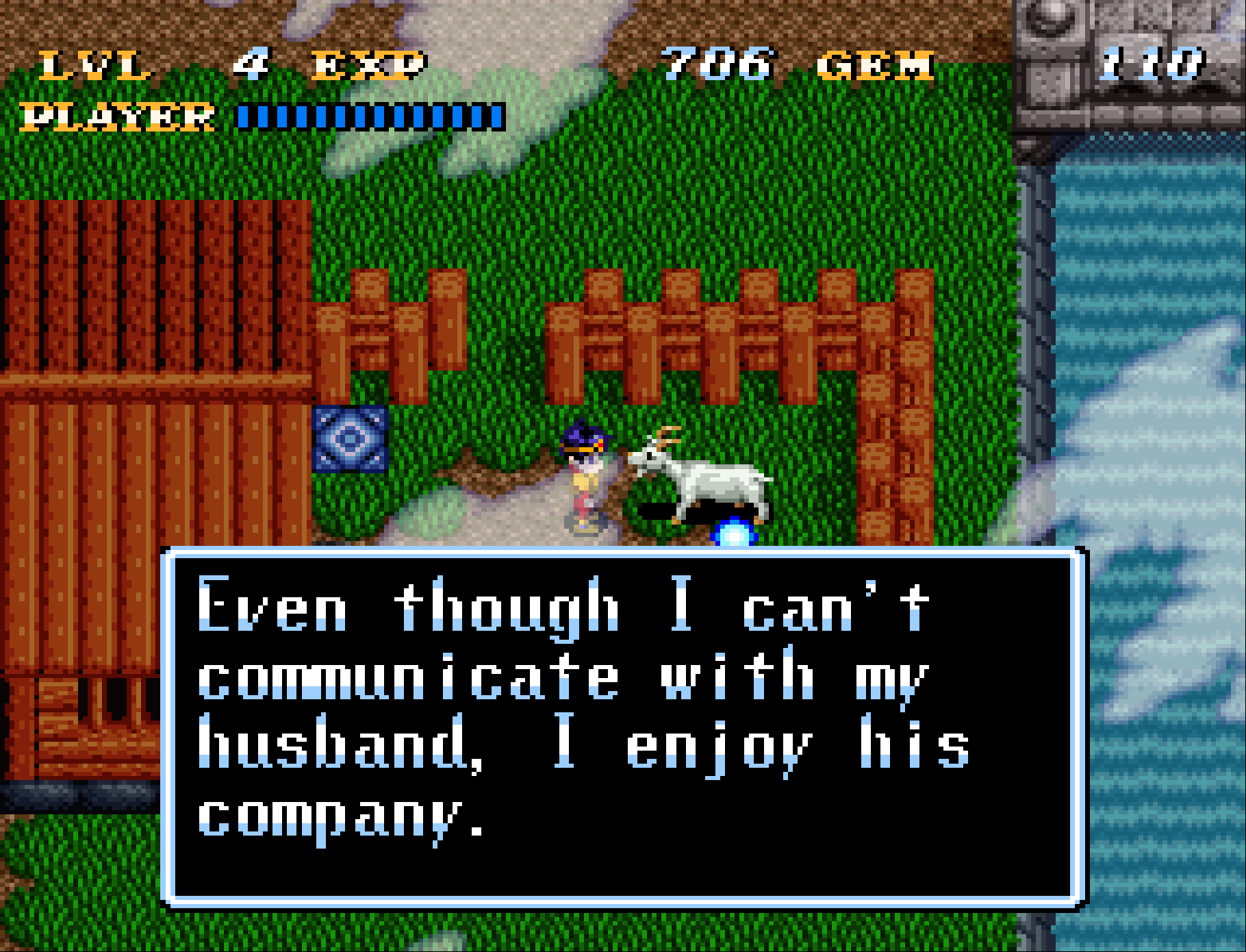 The player character speaks with a goat, who says, “Even though I can’t communicate with my husband, I enjoy his company.”