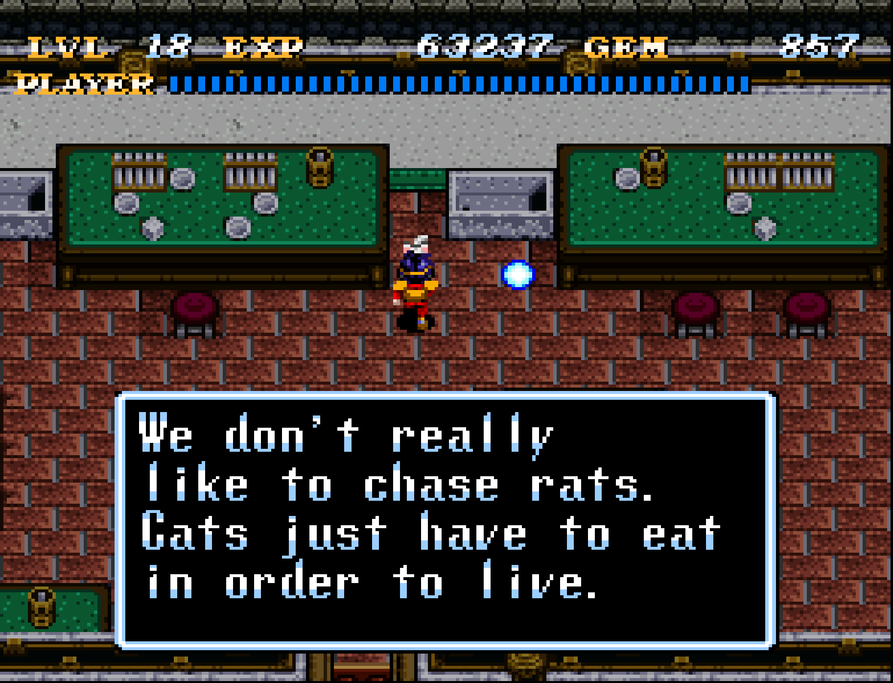 The player character speaks with a cat, who says, “We don’t really like to chase rats. Cats just have to eat in order to live.”