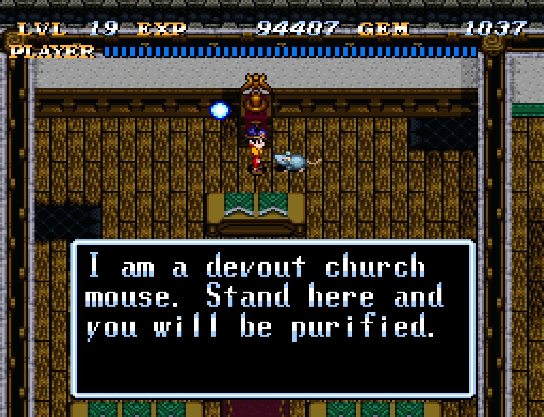 The player character speaks to a mouse standing to the side of an altar. The mouse says, “I am a devout church mouse. Stand here and you will be purified.”
