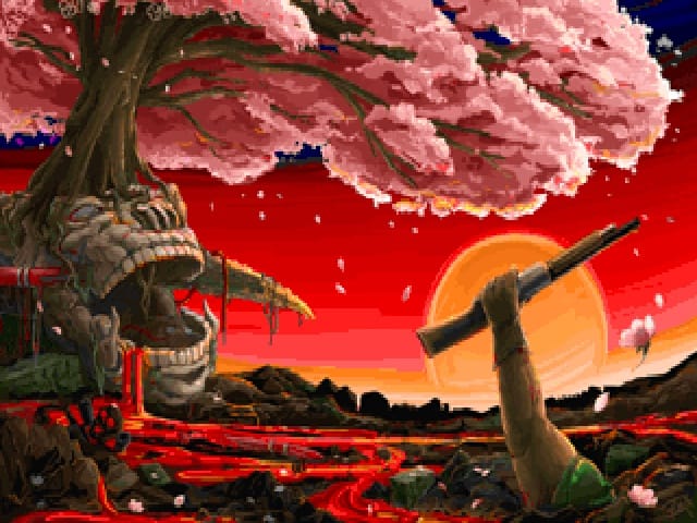 The player rises their arm from the ground. They are holding a shotgun. A large skull with a cherry tree growing out of it can be seen on the left, while the sun sets in the background. Blood seeps from the mouth of the skull.
