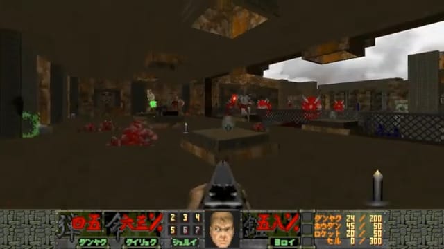 The protagonist points a shotgun in a ruin full of demons. The sky can be seen in the upper right corner.