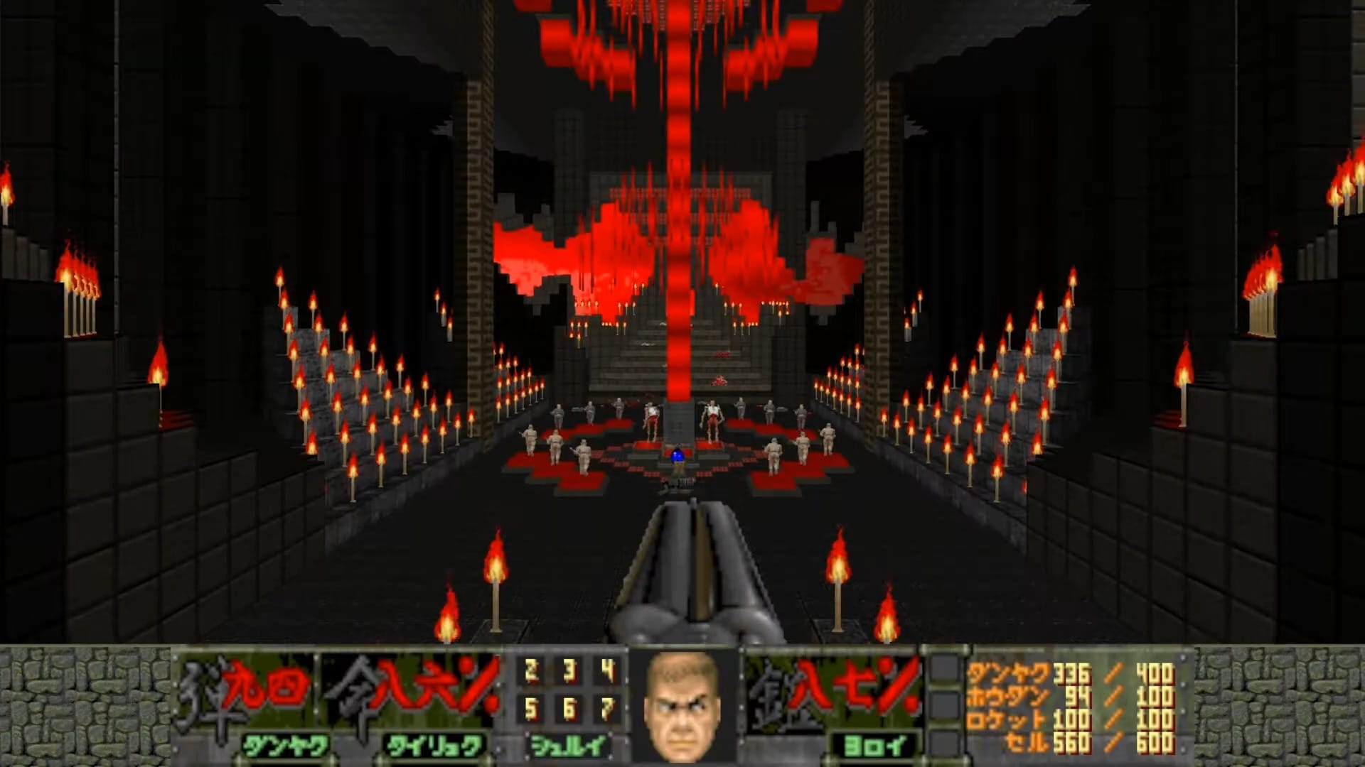 The player points a Super Shotgun at revenants standing in a massive space full of candles, blood and a red demonic sigil.