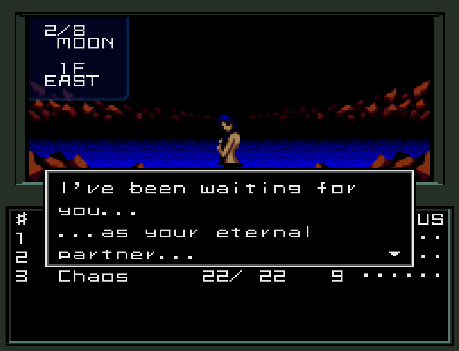 A woman stands in the water surrounded by rocks. She says, "I've been waiting for you...as your eternal partner..."