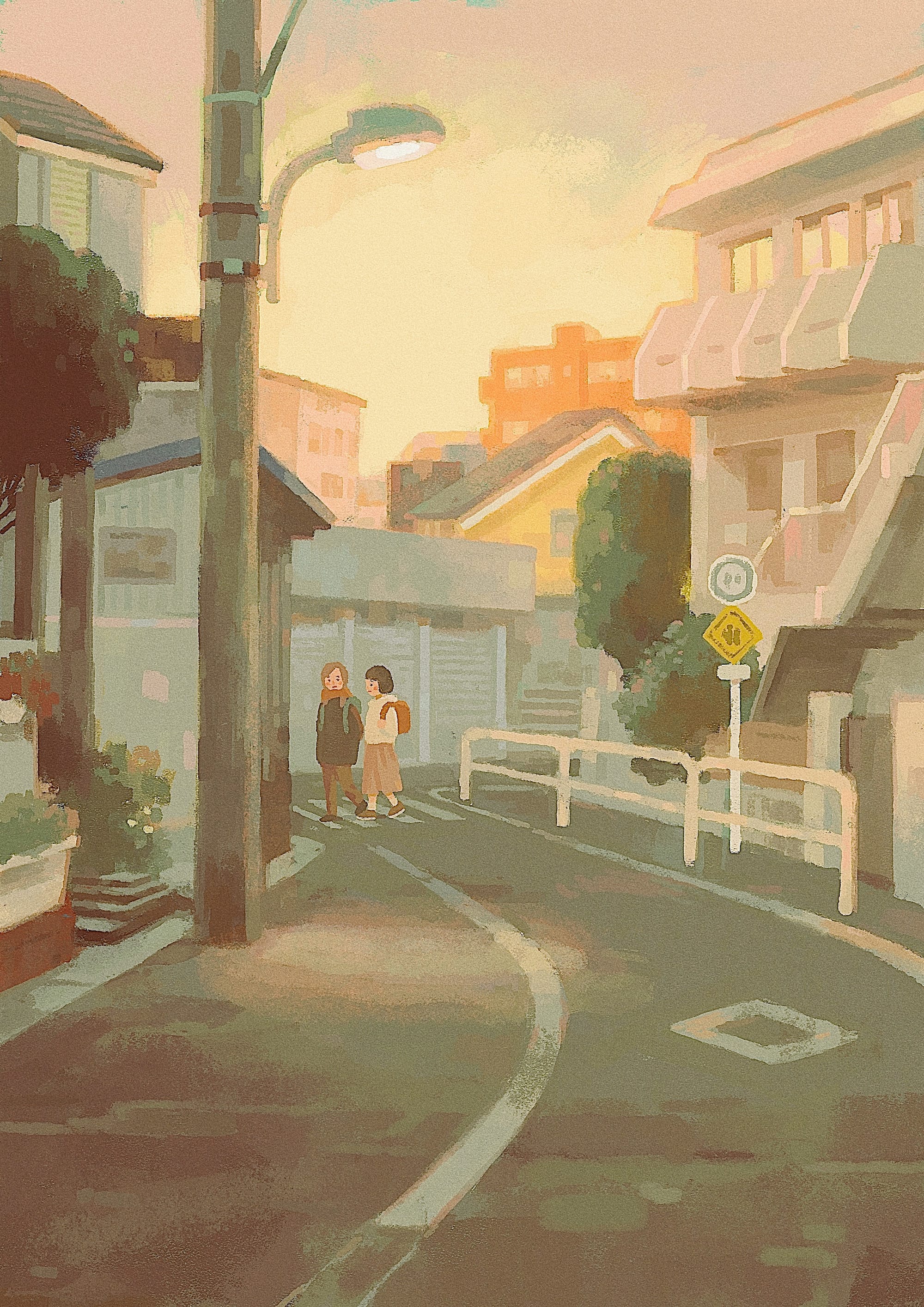 Marco Kohinata art two children walking on the street. 
