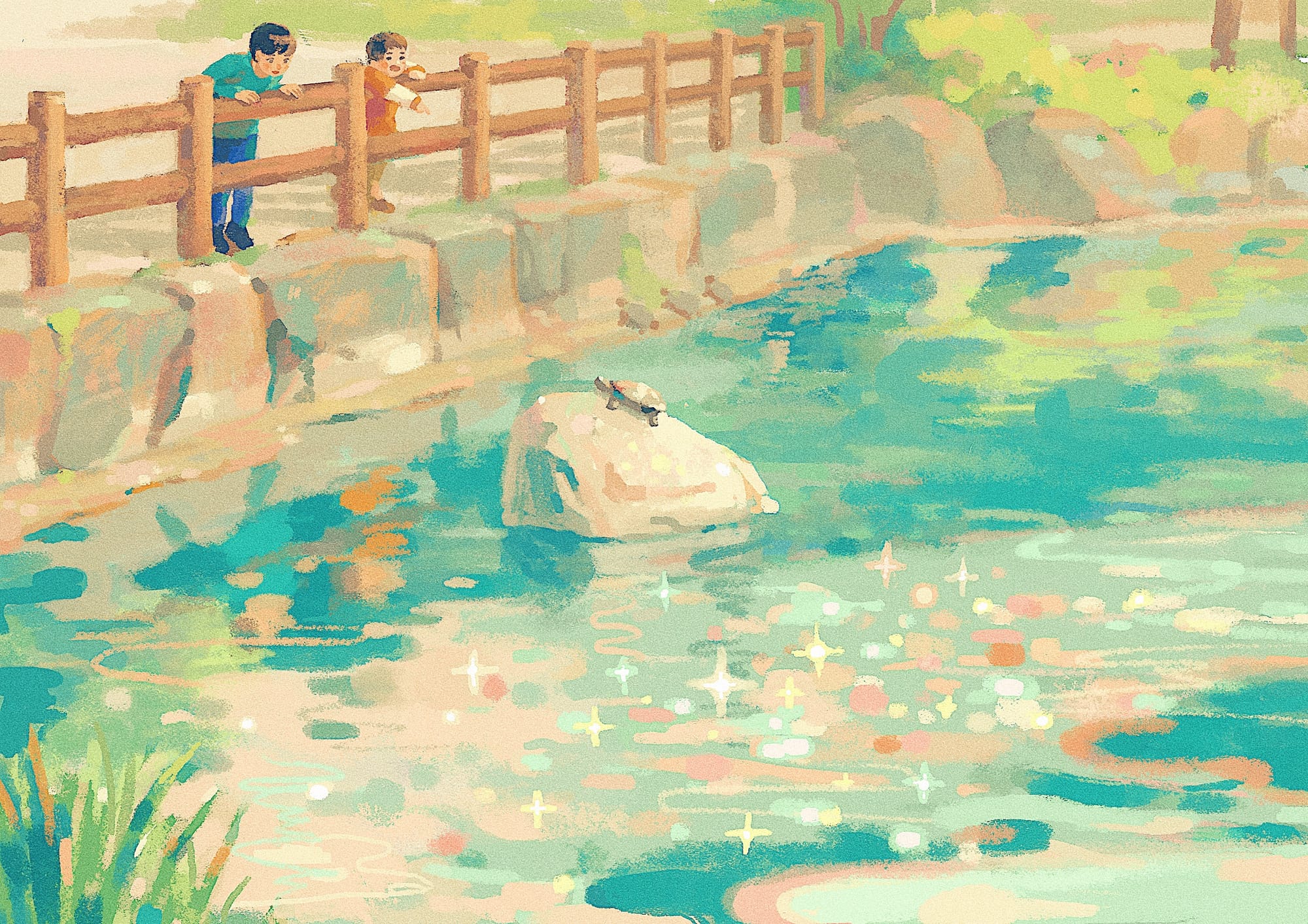 Marco Kohinata art of children waving at a turtle near a pond.