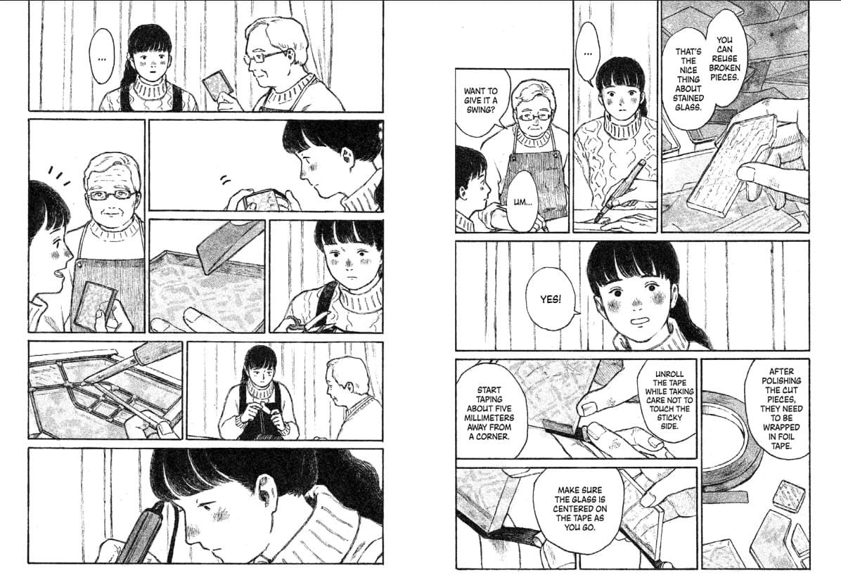 Akari manga Akari and Kagari discussing stained-glass art.