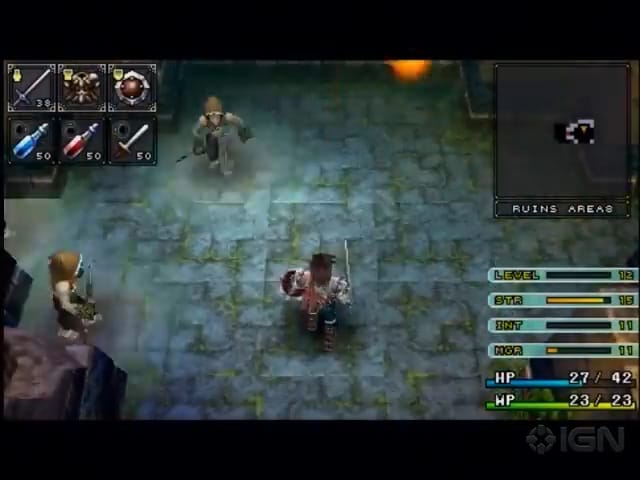 The hero of Brandish stands in the middle of a dungeon floor. He is surrounded by enemies.