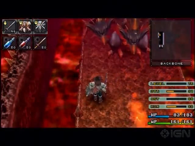 The hero of Brandish dodges fireballs from a three-headed dragon.